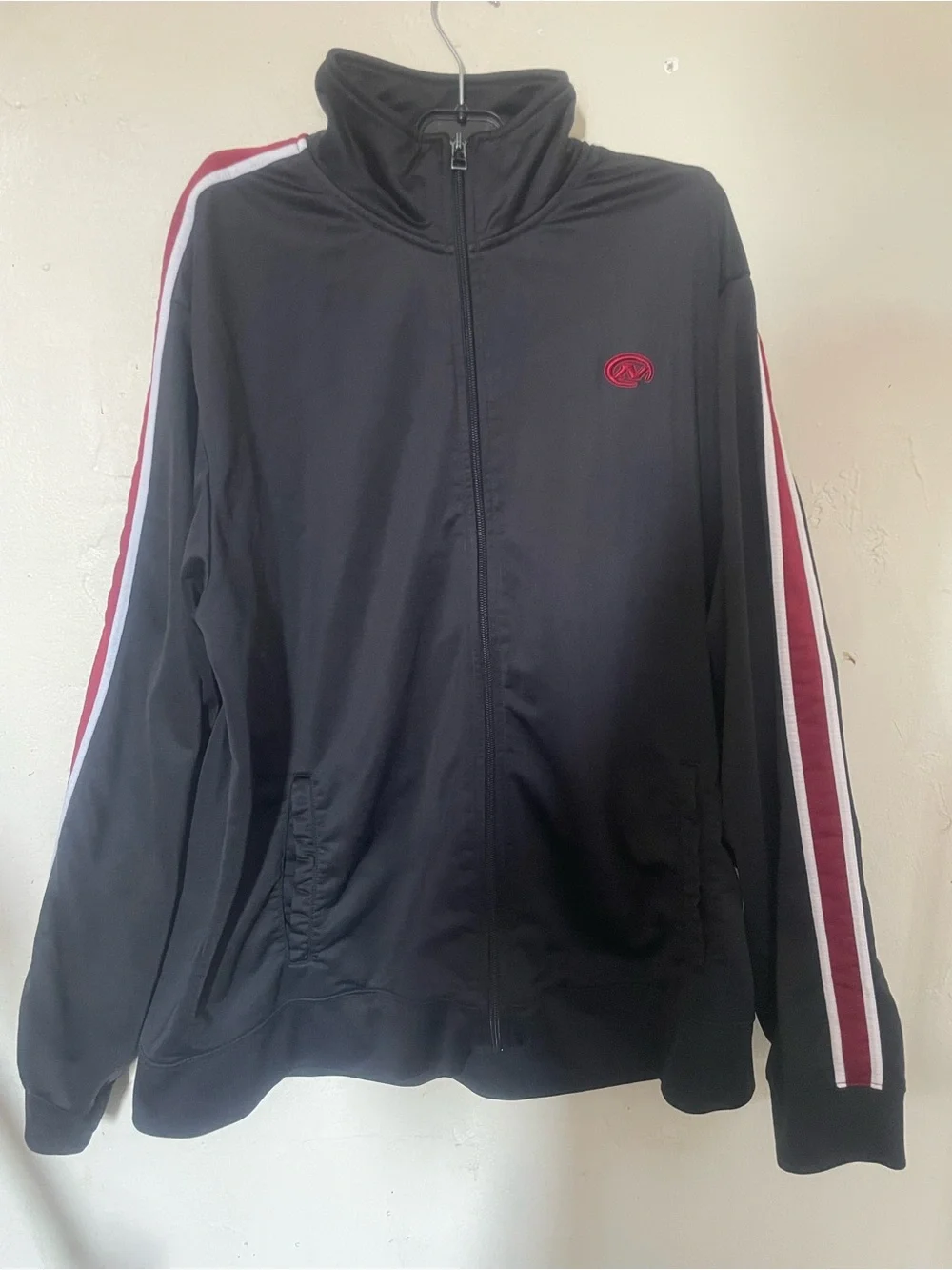 Old Navy Size XL Black Bomber Jacket with Red & White Sleeve Stripes